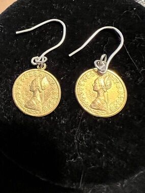 Two tone Italian 500 Lire coins on sterling silver hook earrings.